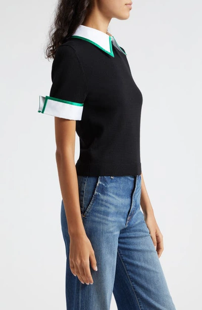 Shop Alice And Olivia Short Sleeve Wool Sweater With Detachable Collar & Cuffs In Black Combo