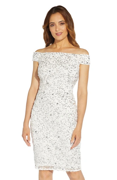 Shop Adrianna Papell Beaded Off The Shoulder Mesh Cocktail Dress In Ivory