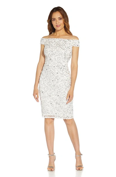 Shop Adrianna Papell Beaded Off The Shoulder Mesh Cocktail Dress In Ivory