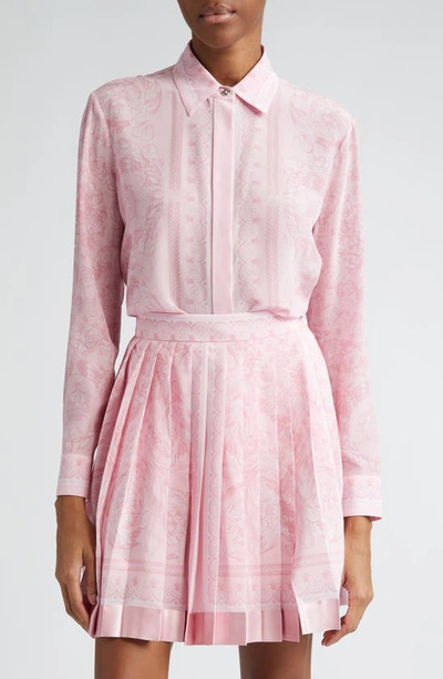 Shop Versace Barocco Print Silk Button-up Shirt In Pale Pink