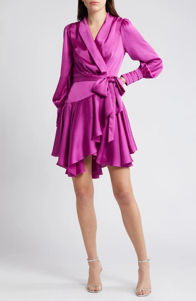 Shop Nikki Lund Margaret Long Sleeve Wrap Minidress In Bright Pink