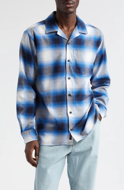 Shop Noah Shadow Check Long Sleeve Flannel Camp Shirt In Blue Plaid
