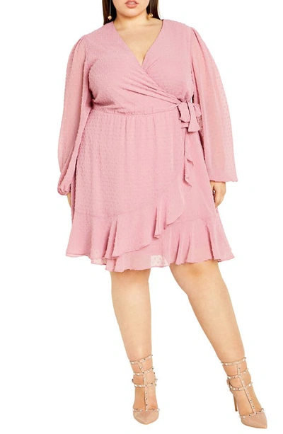 Shop City Chic Long Sleeve Dobby Faux-wrap Dress In Musk