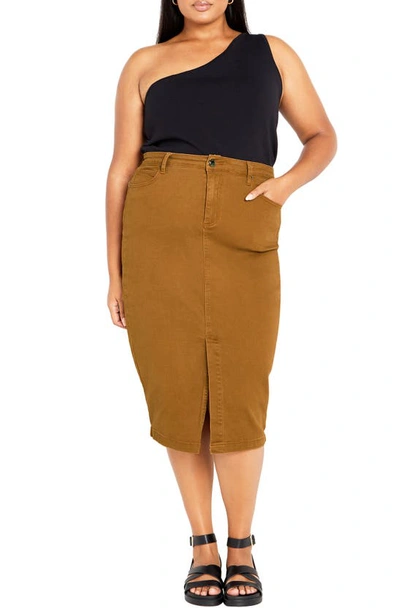 Shop City Chic Vivian Denim Midi Skirt In Butterscotch