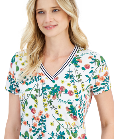 Shop Nautica Women's Floral-print Short-sleeve V-neck Top In White