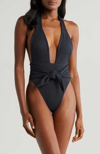 Shop Montce Tropez Tie Waist Halter One-piece Swimsuit In Black Rib