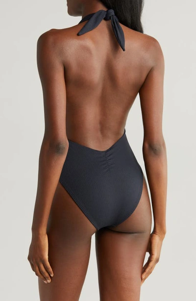 Shop Montce Tropez Tie Waist Halter One-piece Swimsuit In Black Rib