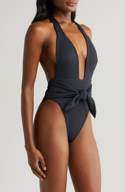 Shop Montce Tropez Tie Waist Halter One-piece Swimsuit In Black Rib