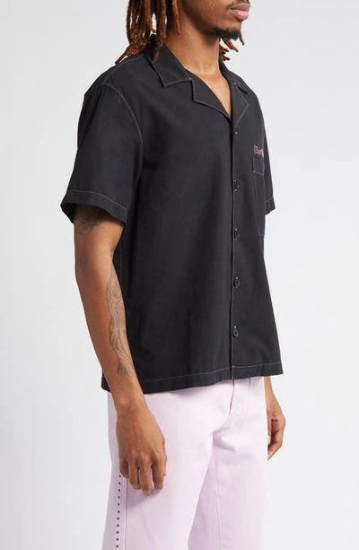 Shop Stockholm Surfboard Club Stoffe Swarovski® Crystal Embellished Short Sleeve Button-up Shirt In Overdyed Black