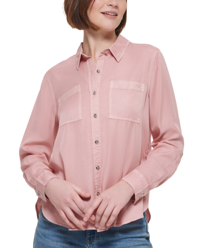 Shop Calvin Klein Jeans Est.1978 Petite Classic Button-front Shirt In Enchant