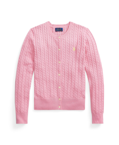 Shop Polo Ralph Lauren Big Girls Cable-knit Cotton Cardigan In Florida Pink With Oasis Yellow