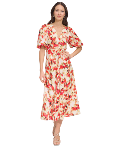 Shop Dkny Women's Printed V-neck Short-sleeve Satin Dress In Ivory,orange Blossom Multi