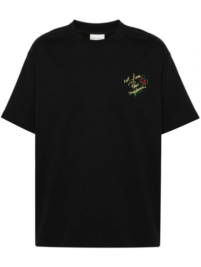Shop Drôle De Monsieur Black T-shirt With Slogan Esquisse Embroidery In Cotton Man