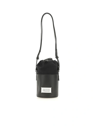Shop Maison Margiela '5ac' Mini Black Bucket Hat With Shoulder Strap In Grained Leather And Cotton Canvas Woman