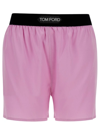 Shop Tom Ford Pink Satin Shorts With Logo On Waistband In Stretch Silk Woman