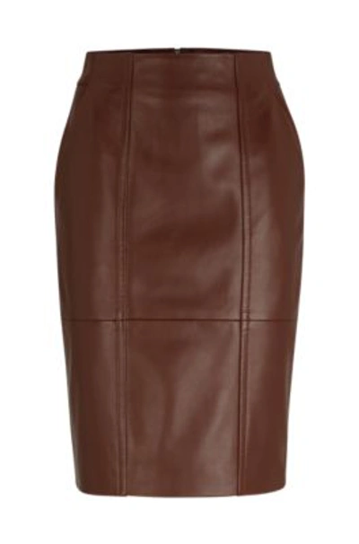 Shop Hugo Boss Seam-detail Pencil Skirt In Lamb Leather In Brown