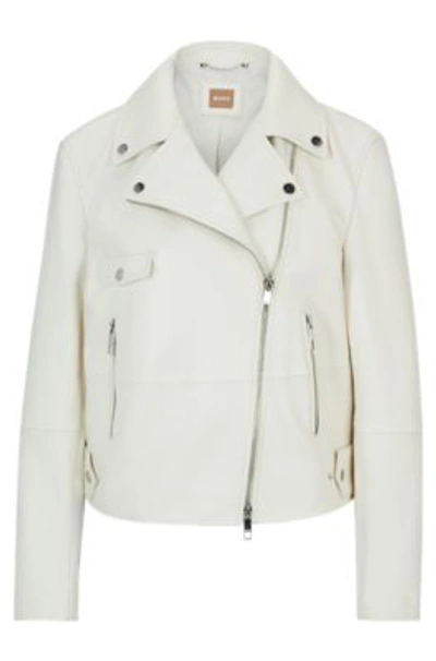 Shop Hugo Boss Leather Jacket With Signature Lining And Asymmetric Zip In White