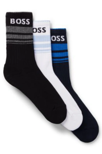 Shop Hugo Boss Three-pack Of Short Socks With Stripes And Logos In Patterned
