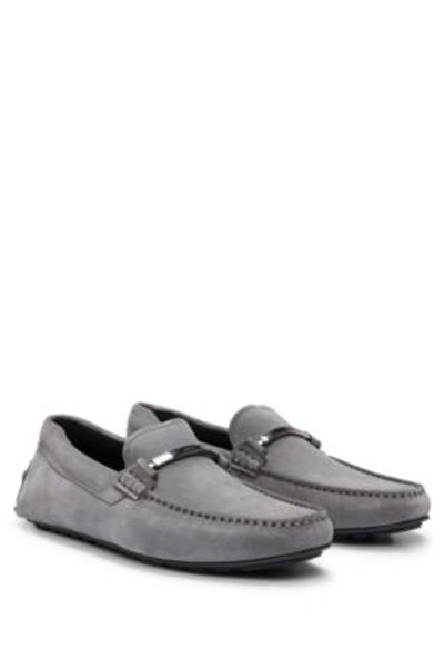 Shop Hugo Boss Suede Moccasins With Branded Hardware And Full Lining In Grey