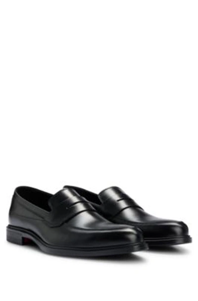 Shop Hugo Leather Loafers With Penny Trim And Rubber Sole In Black