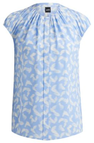 Shop Hugo Boss Collarless Cap-sleeve Blouse In Printed Silk In Patterned