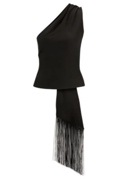 Shop Hugo Boss One-shoulder Blouse With Fringed Scarf Detail In Black