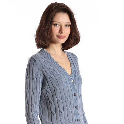 Shop Minnie Rose Cotton Stone Wash Distressed Cable Cardigan In Blue