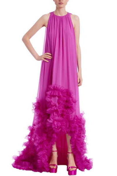 Shop Badgley Mischka Sleeveless High-low Dress With Tulle Ruffle Hem In Purple