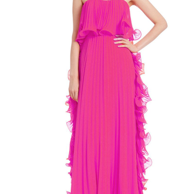 Shop Badgley Mischka Pleated Strapless Dress With Side Ruffles In Pink