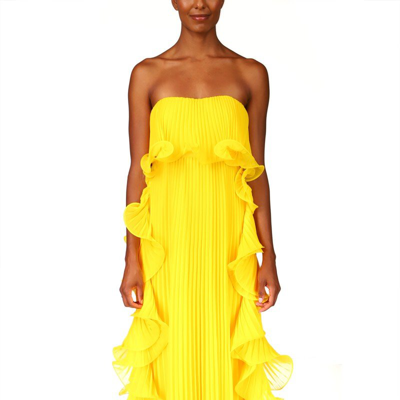 Shop Badgley Mischka Pleated Strapless Dress With Side Ruffles In Yellow
