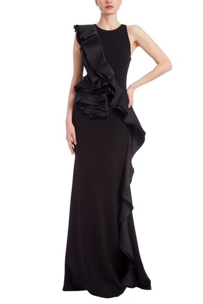 Shop Badgley Mischka Sleeveless Column Gown With Mikado Ruffle Wrap-around In Black