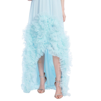 Shop Badgley Mischka Sleeveless High-low Dress With Tulle Ruffle Hem In Blue