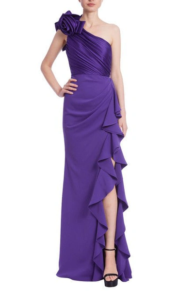 Shop Badgley Mischka One Shoulder Rose Gown With Ruffled Bodice In Purple