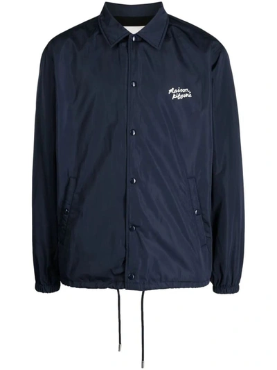Shop Maison Kitsuné Coach Jacket In Nylon With Logo Handwriting Print Clothing In Blue