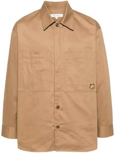 Shop Maison Kitsuné Overshirt With Tonal Fox Head Patch In Cotton Gaba Clothing In Brown