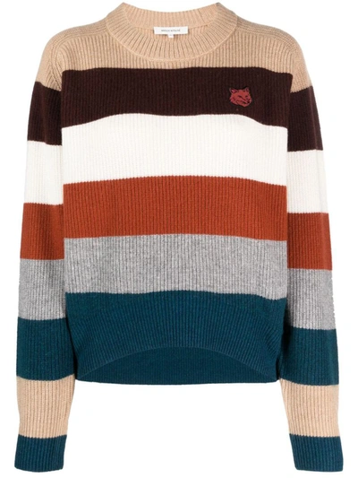 Shop Maison Kitsuné Tonal Fox Head Patch Comfort Ribbed Jumper With St Clothing In Multicolour