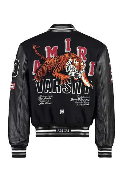 Shop Amiri Wool Bomber Jacket With Patches And Leather Sleeves In Black