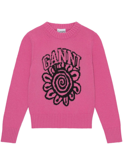 Shop Ganni Pullover Con Logo In Fucsia