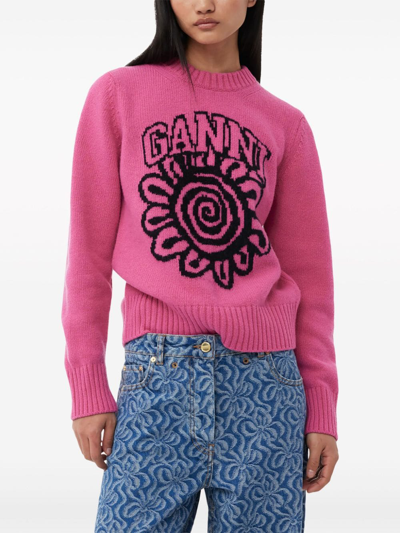 Shop Ganni Pullover Con Logo In Fucsia