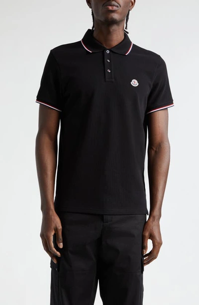 Shop Moncler Tipped Cotton Piqué Polo In Black