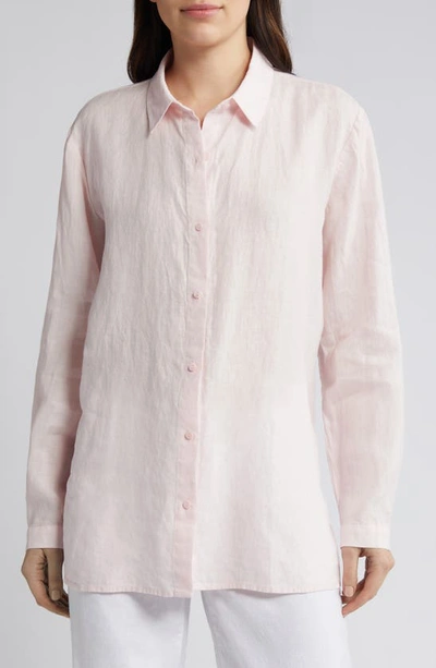 Shop Eileen Fisher Classic Long Sleeve Organic Linen Button-up Shirt In Crystal Pink