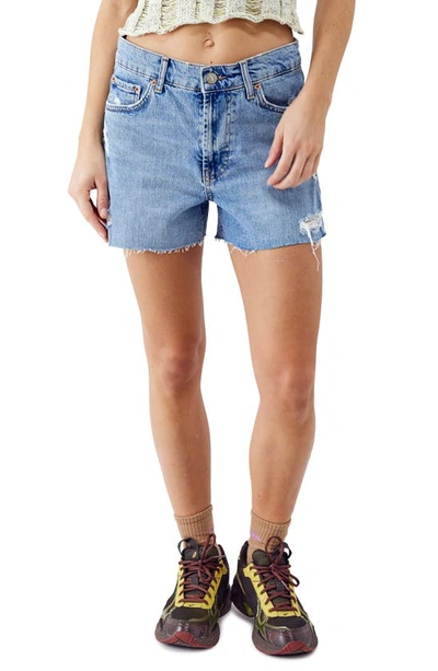 Shop Bdg Urban Outfitters Low Rise Raw Hem A-line Denim Shorts In Mid Vintage