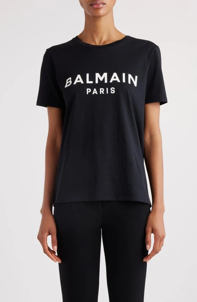 Balmain Black Crewneck T-shirt With Logo Print And Golden Buttons In Jersey Woman In Eab Black/ White