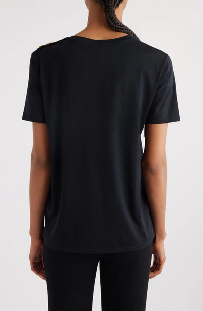 Balmain Black Crewneck T-shirt With Logo Print And Golden Buttons In Jersey Woman In Eab Black/ White