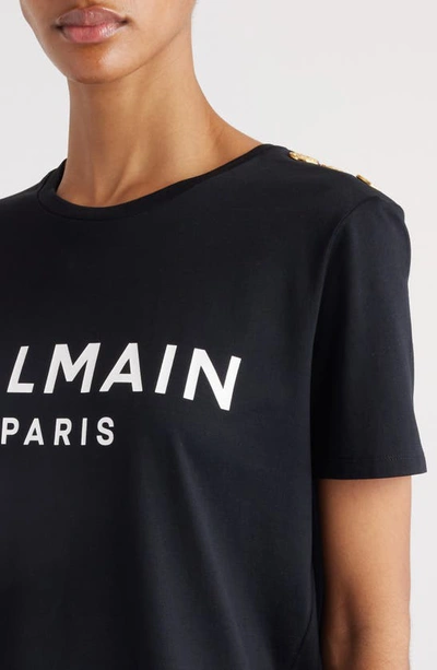 Balmain Black Crewneck T-shirt With Logo Print And Golden Buttons In Jersey Woman In Eab Black/ White