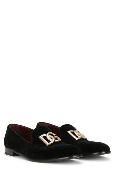 Dolce & Gabbana Black Velvet Cotton Logo Loafers Dress Shoes In 80999 Black