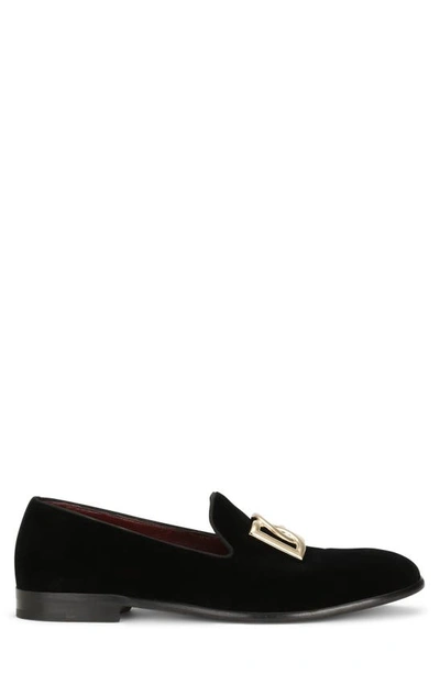 Dolce & Gabbana Black Velvet Cotton Logo Loafers Dress Shoes In 80999 Black
