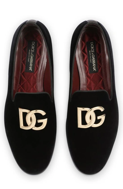 Dolce & Gabbana Black Velvet Cotton Logo Loafers Dress Shoes In 80999 Black