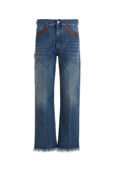 Shop Fendi Men Leather Detail Jeans In Blue