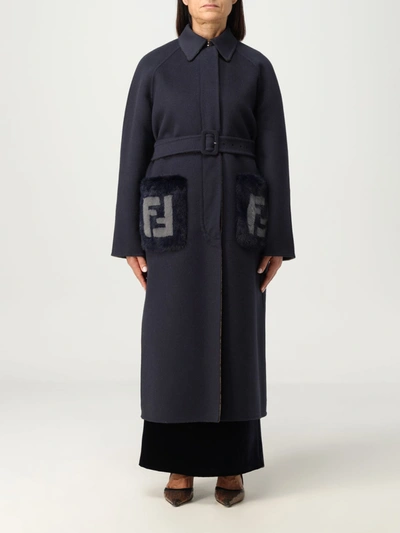 Shop Fendi Men Monogram-print Belted Virgin-wool Coat In Blue